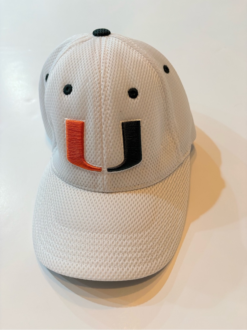 White mesh university of Miami hat/Cap with Orange & green 'U' Accent, adjusts